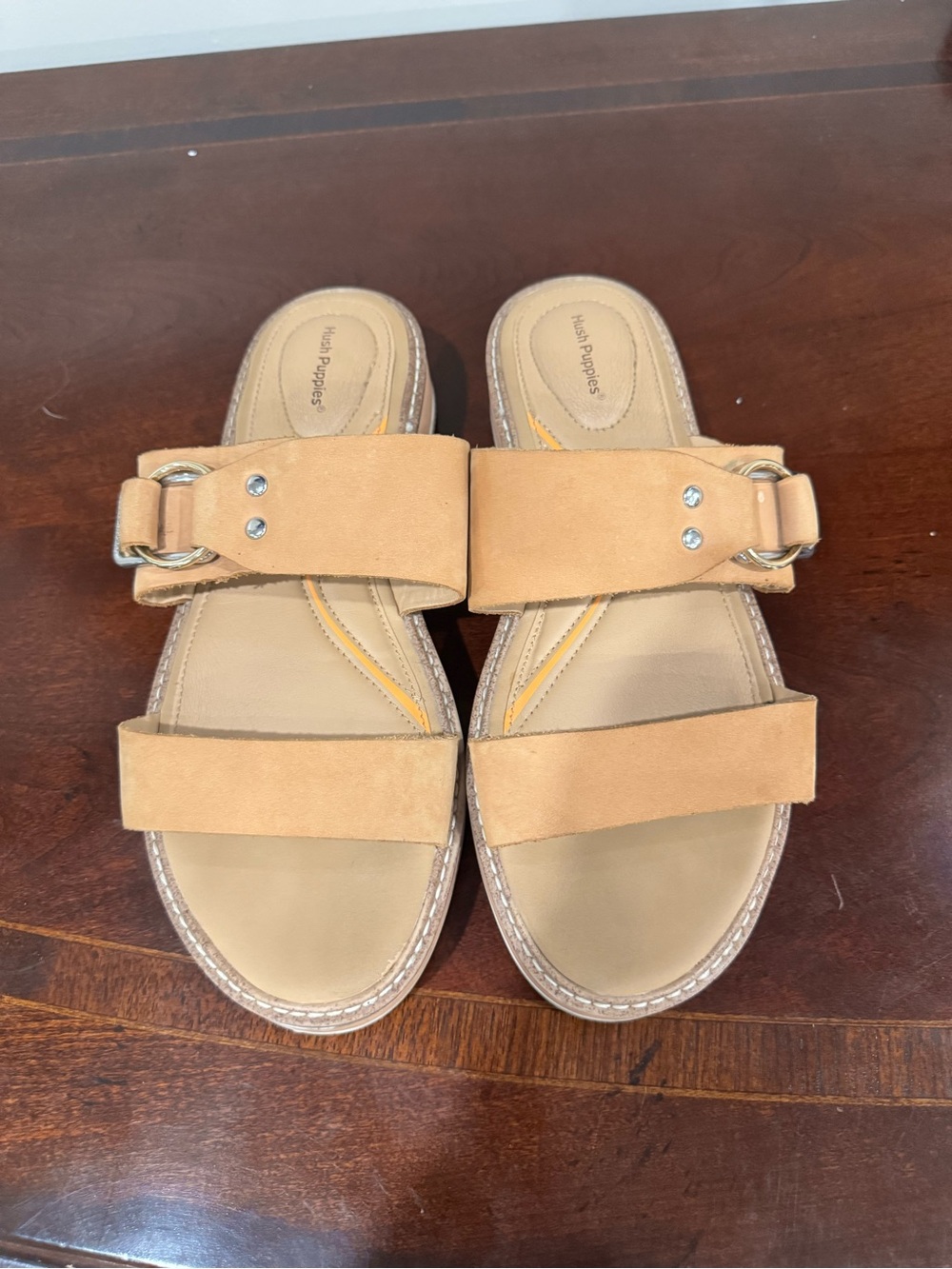 Hush Puppies Women's Tan Suede Double-Strap Slide Sandals